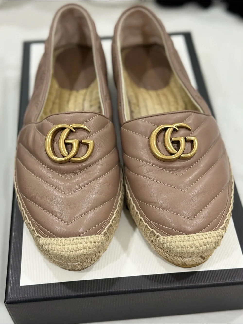 GUCCI Leather Quilted Espadrille  in Taupe with Gold Accent